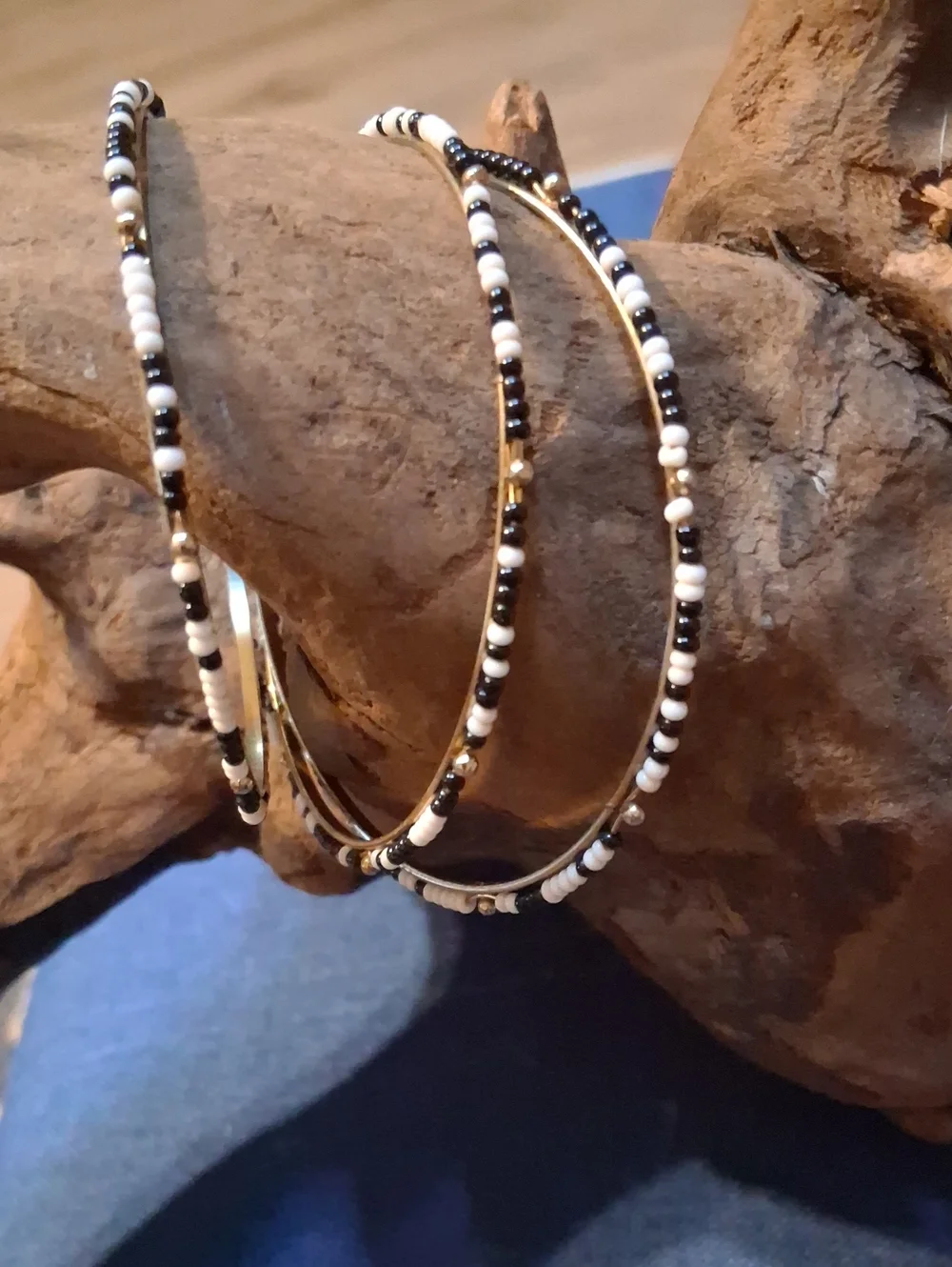 Vintage Gold Hoop Earrings with Black and White Beads